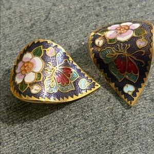 Vintage Cloisonne Gold Tone Earrings